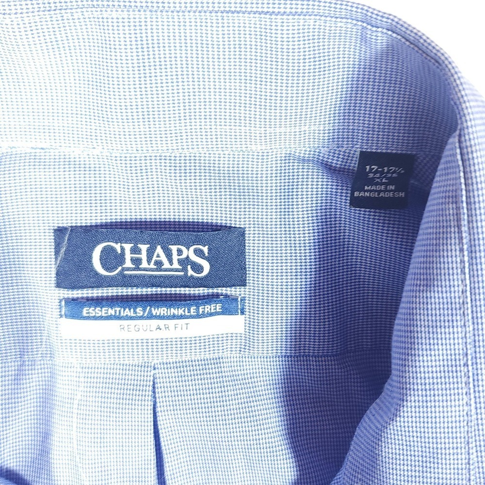 Chaps Dress Shirt Mens 17.5 34/35 Blue Check Essentials Wrinkle Free Regular Fit - Picture 5 of 9